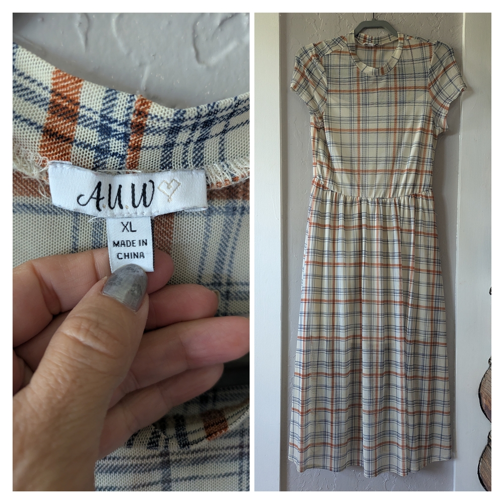 AUW Women's Plaid Midi Dress - Blue and Orange